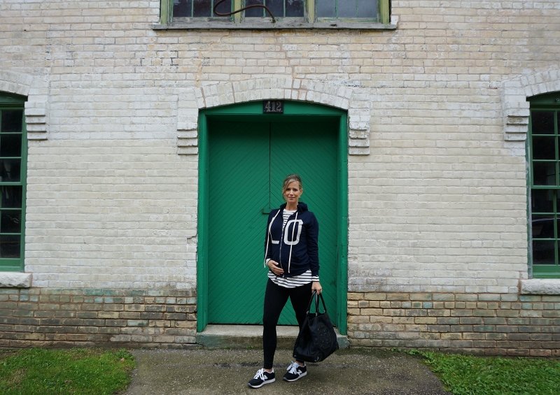 Athleisure: hoodie, striped tee, leggings, sneakers, tote