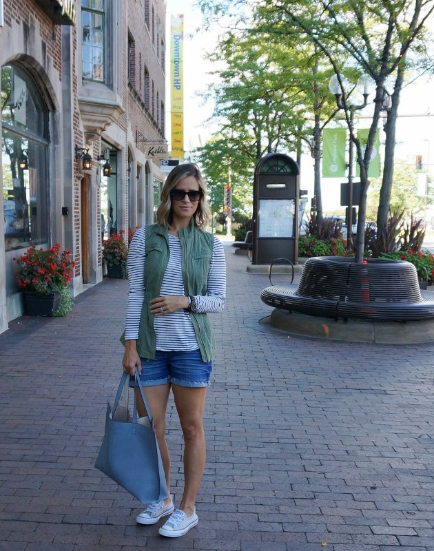 Summer to fall: striped tee, army vest denim shorts, tote, and converse