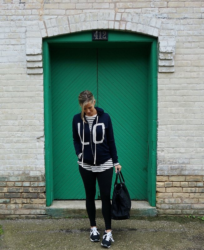 Athleisure: hoodie, striped tee, leggings, sneakers, tote
