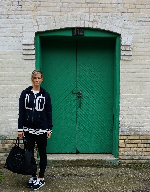 Athleisure: hoodie, striped tee, leggings, sneakers, tote