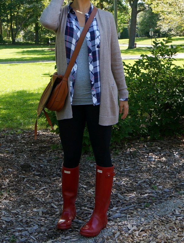Fall layers: tank, flannel, cardigan, leggings, Chloe bag, Hunter boots