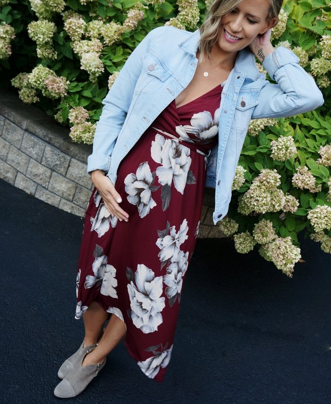 Fall florals: dress, denim jacket, and booties