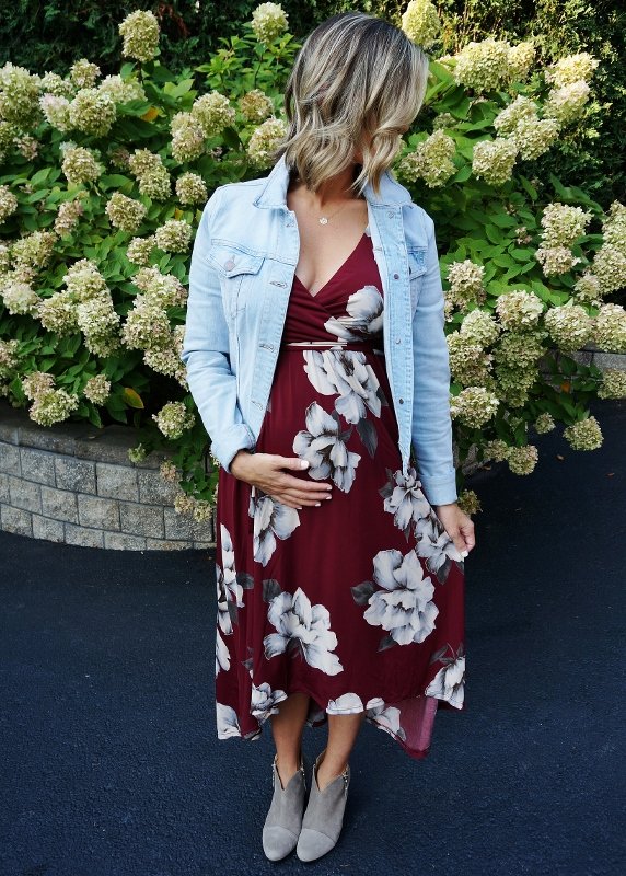 Fall florals: dress, denim jacket, and booties