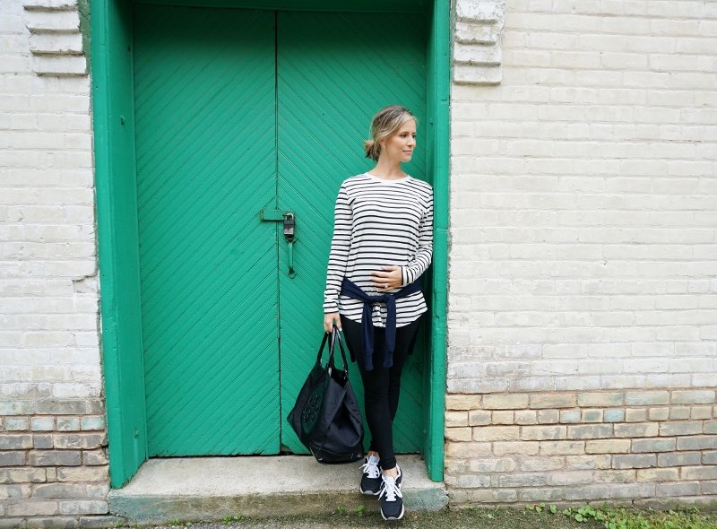 Athleisure: hoodie, striped tee, leggings, sneakers, tote