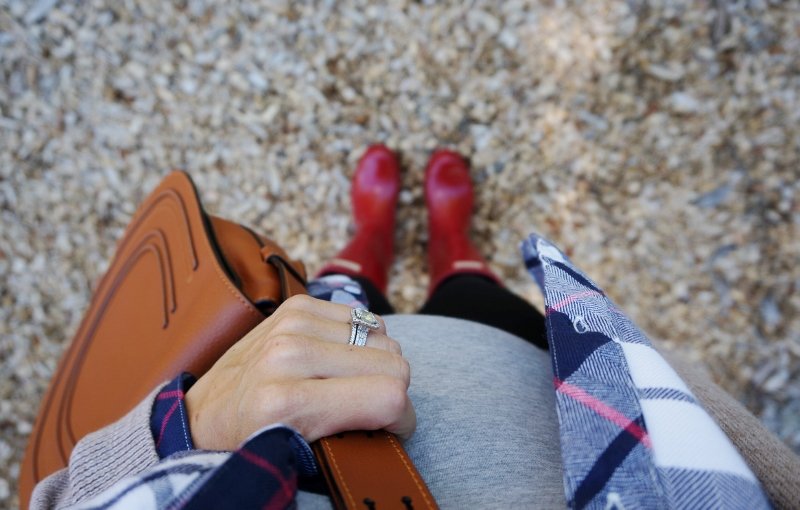 Fall layers: tank, flannel, cardigan, leggings, Chloe bag, Hunter boots