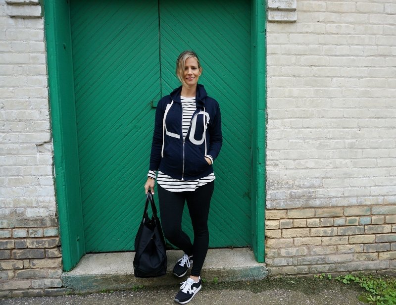 Athleisure: hoodie, striped tee, leggings, sneakers, tote