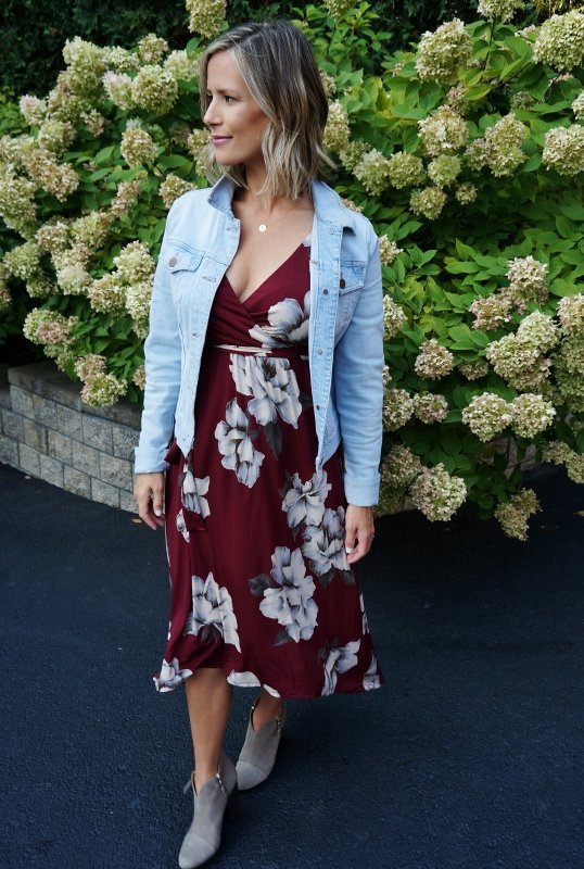 Fall florals: dress, denim jacket, and booties