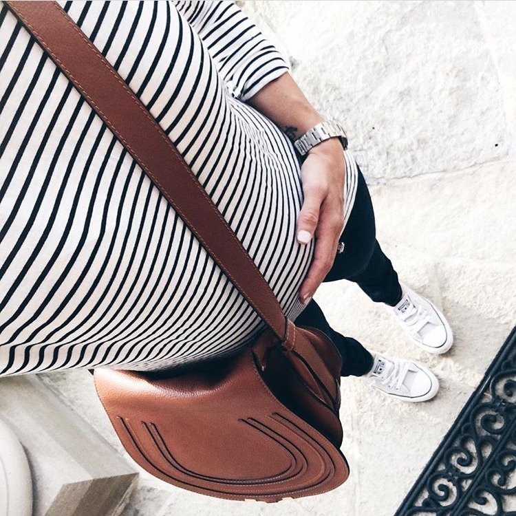 Fall style, striped tee, denim, sneakers