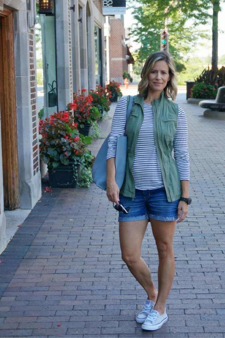 Summer to fall: striped tee, army vest denim shorts, tote, and converse
