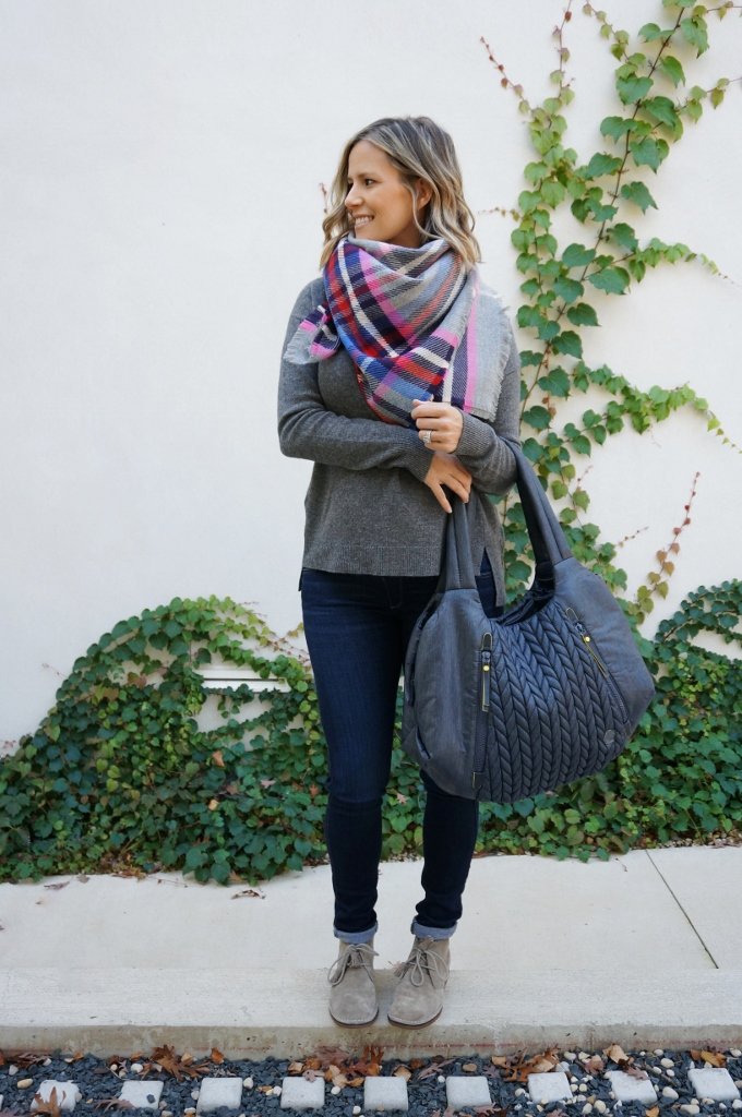 Sweater, scarf, denim, booties, HAAP diaper bags