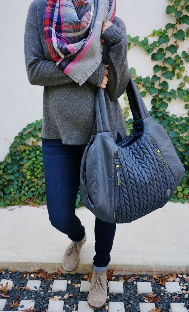 Sweater, scarf, denim, booties, HAAP diaper bags