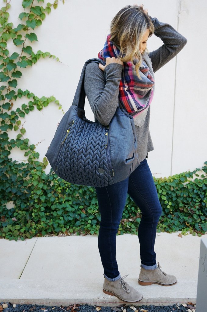 Best outfits: long sleeve tee, scarf, denim, booties, tote