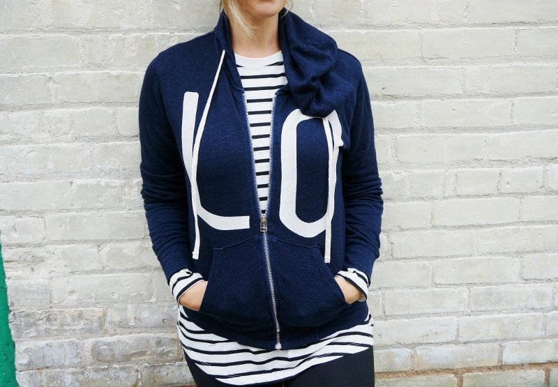 Athleisure: hoodie, striped tee, leggings, sneakers, tote
