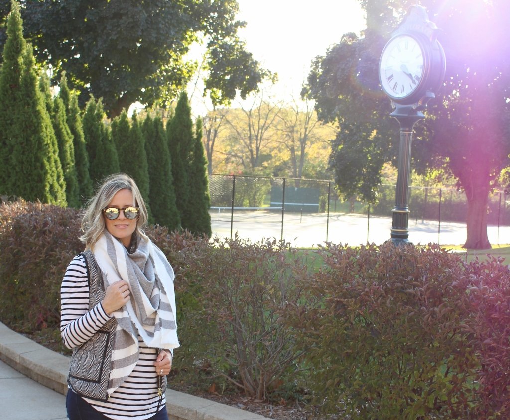 Pumpkin patch: striped tee, vest, denim, scarf, booties