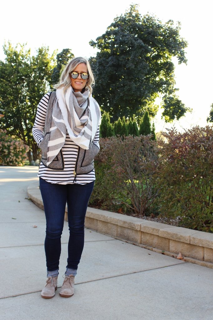 Pumpkin patch: striped tee, vest, denim, scarf, booties