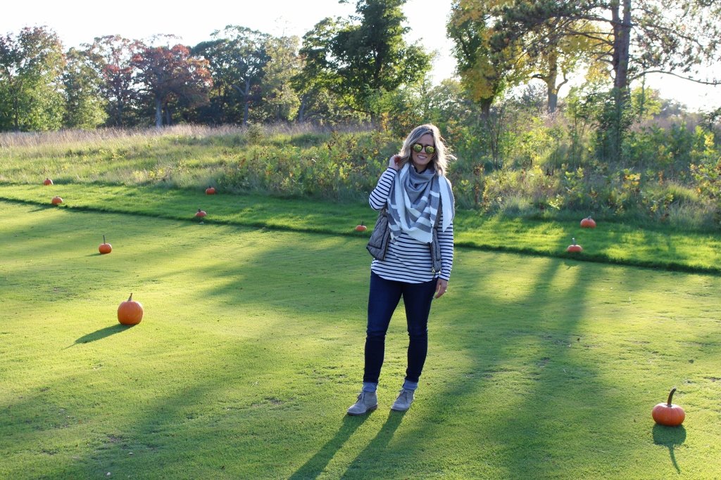 Pumpkin patch: striped tee, vest, denim, scarf, booties