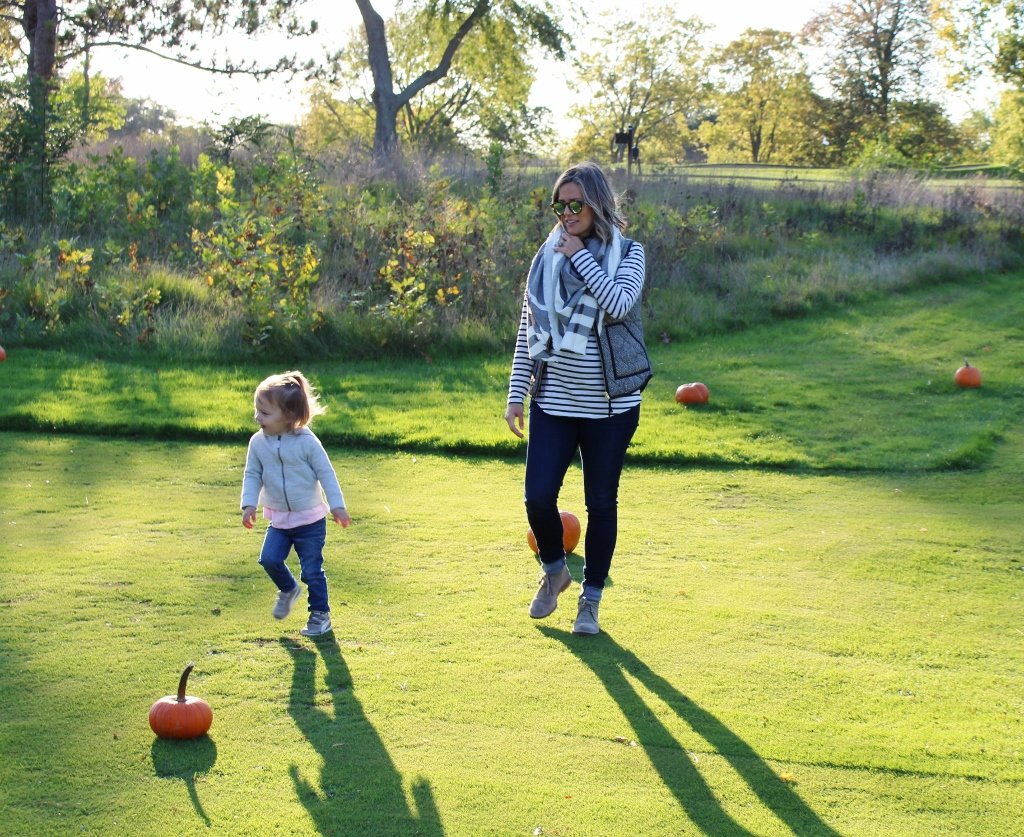 Pumpkin patch: striped tee, vest, denim, scarf, booties