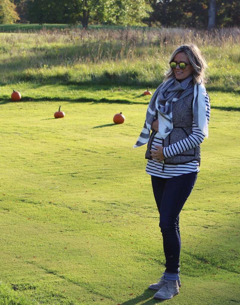 Pumpkin patch: striped tee, vest, denim, scarf, booties