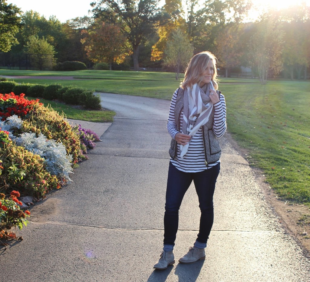 Pumpkin patch: striped tee, vest, denim, scarf, booties