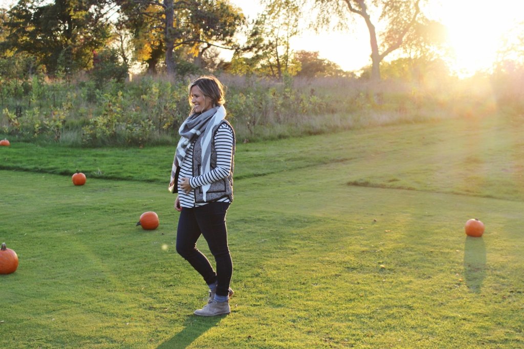 Pumpkin patch: striped tee, vest, denim, scarf, booties