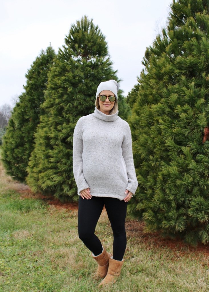 Christmas tree farm: Cozy sweater, leggings, Ugg boots, beanie