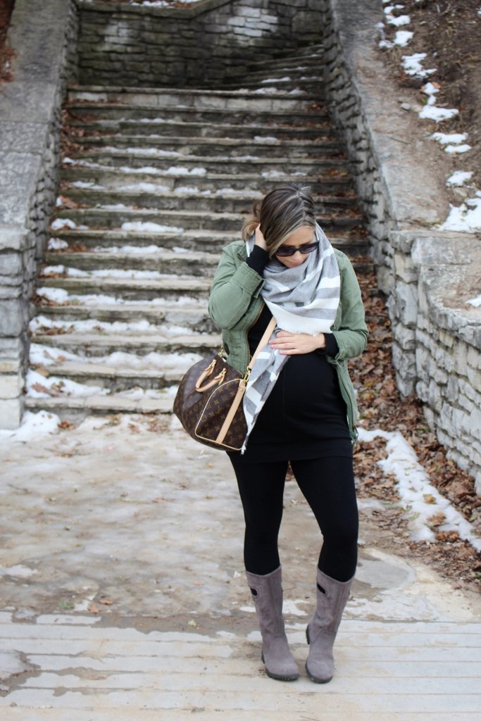 Army jacket, black tee, leggings, scarf, crossbody, rain boots