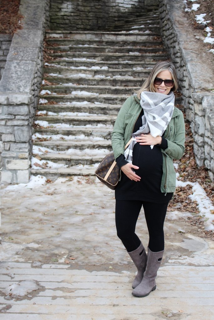 Army jacket, black tee, leggings, scarf, crossbody, rain boots
