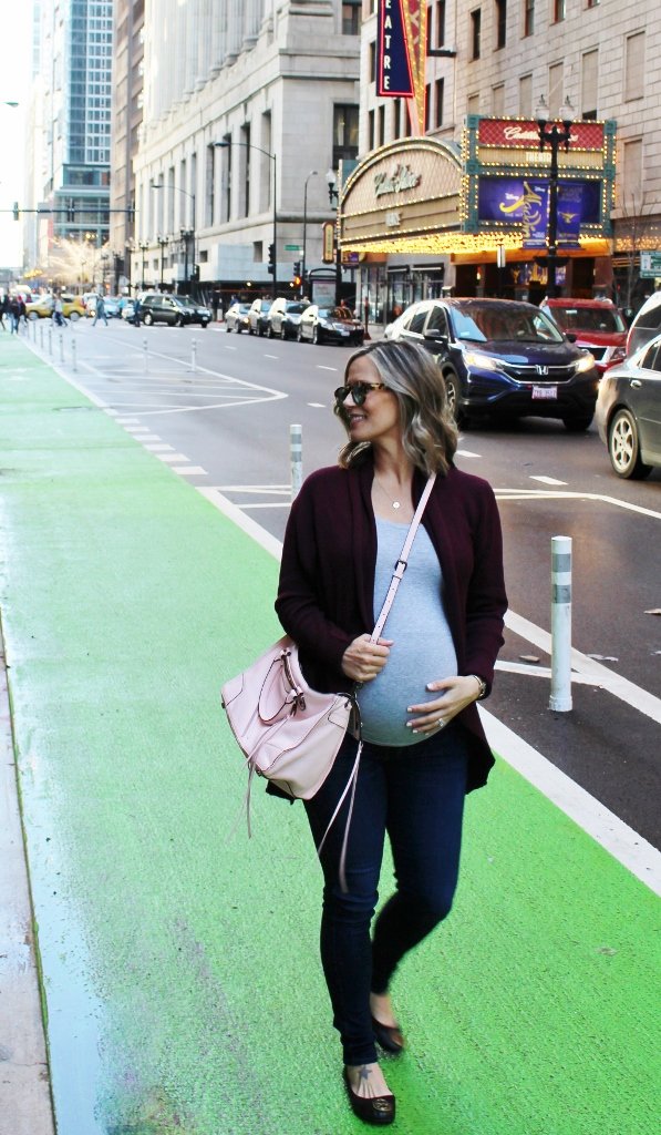 Bump style: tank, cardigan, maternity jeans, crossbody bag, flats