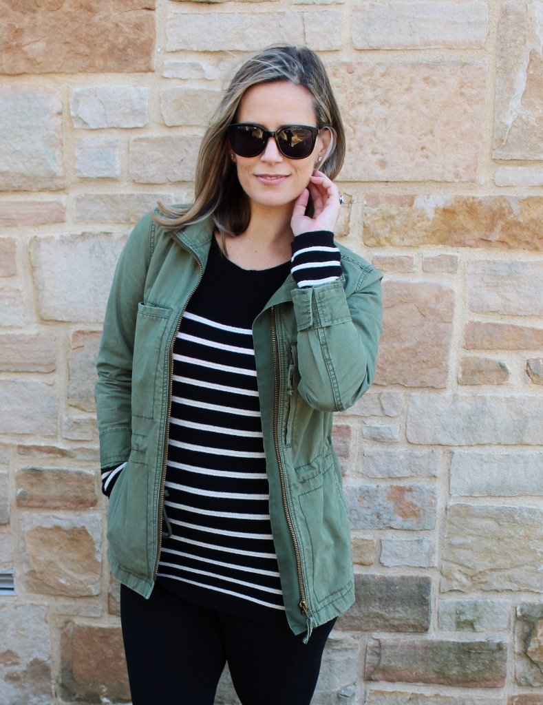 Postpartum style: striped tee, leggings, green army jacket, sneakers