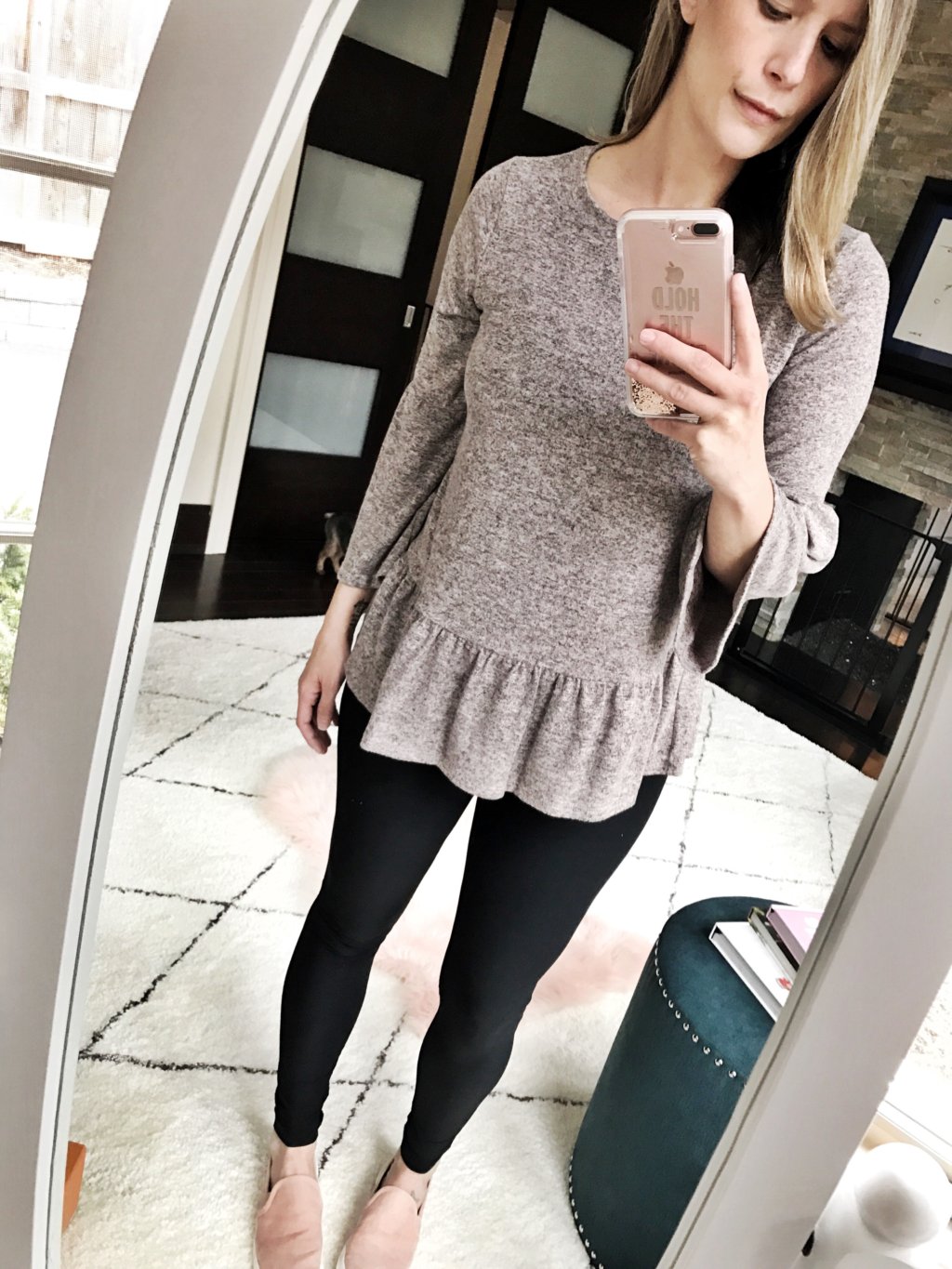 Peplum top, leggings and mules