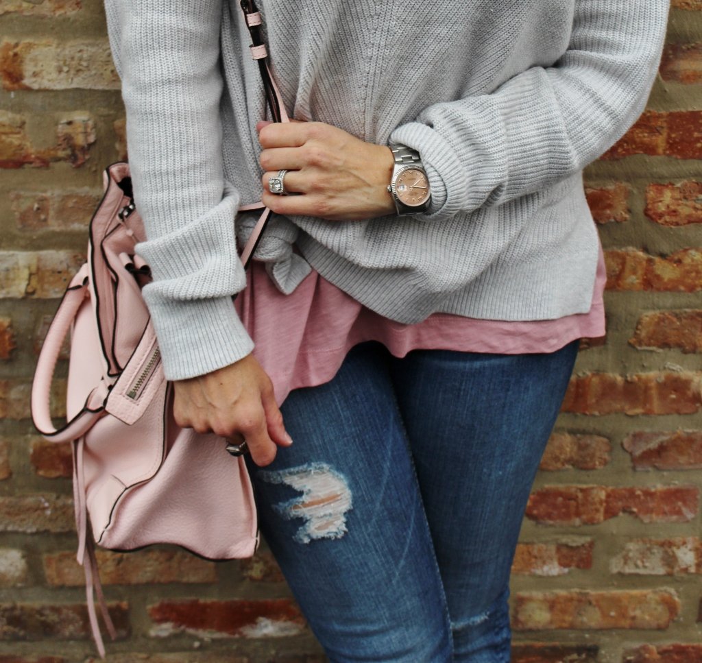 Spring sweater, denim, handbag, and sneakers