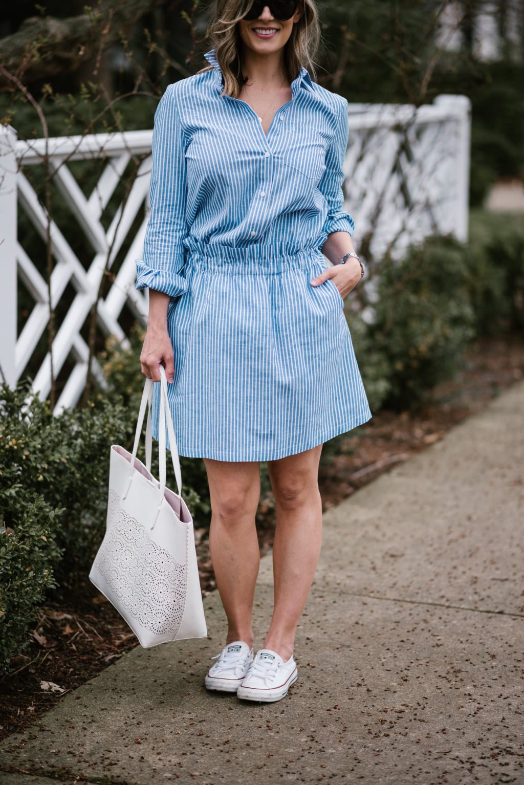 Spring style: striped two piece set, tote bag, Converse, sunglasses
