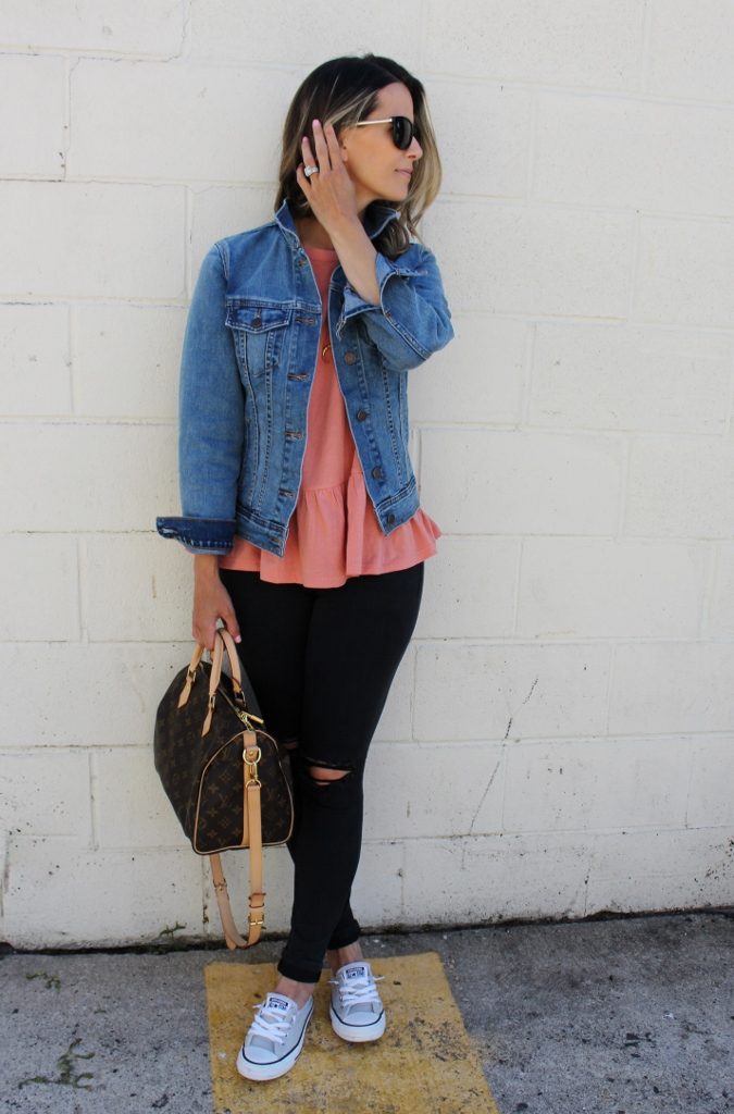 Peplum top, black denim, denim jacket, Converse, and Louis Vuitton bag