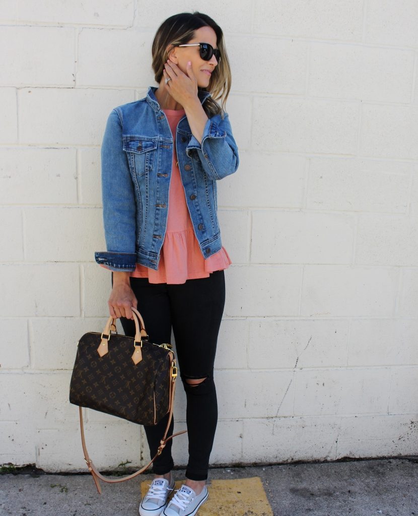 Peplum top, black denim, denim jacket, Converse, and Louis Vuitton bag