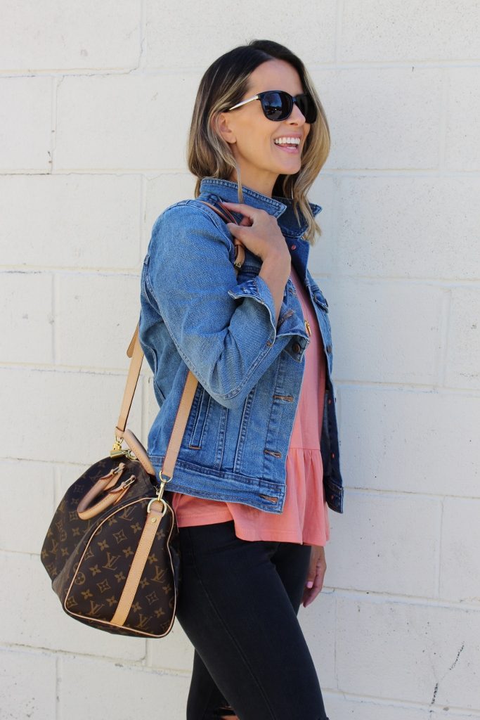 Peplum top, black denim, denim jacket, Converse, and Louis Vuitton bag