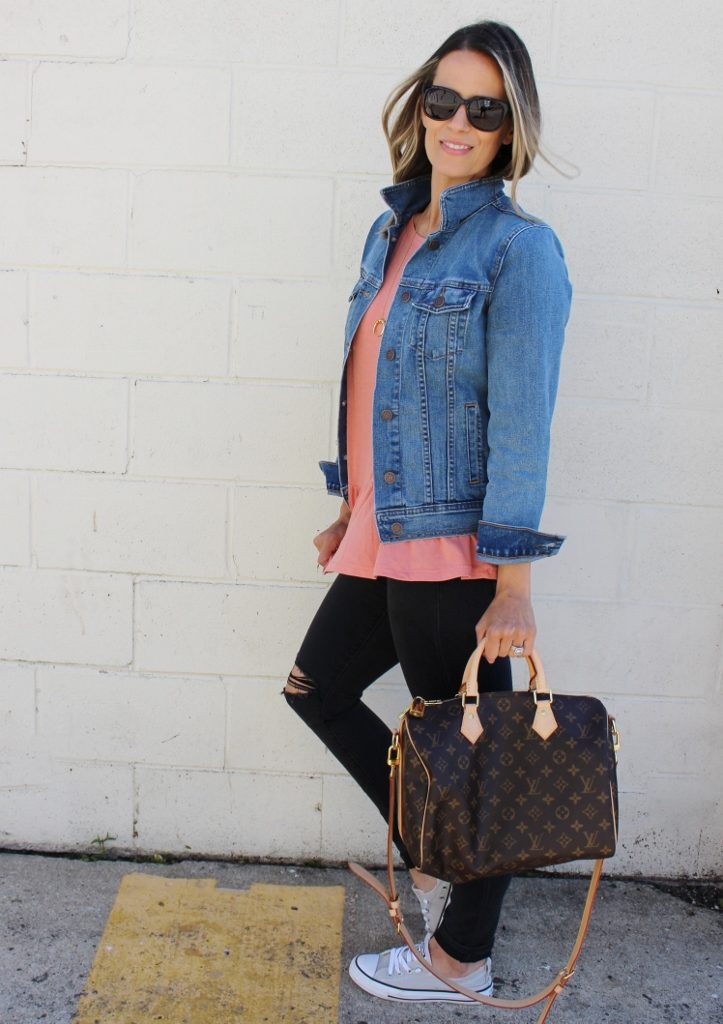 Peplum top, black denim, denim jacket, Converse, and Louis Vuitton bag
