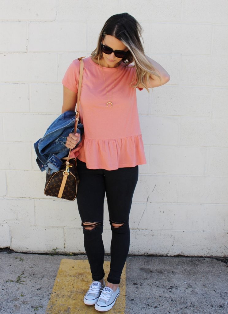 Peplum top, black denim, denim jacket, Converse, and Louis Vuitton bag