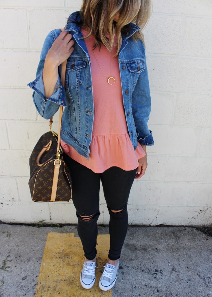 Peplum top, black denim, denim jacket, Converse, and Louis Vuitton bag