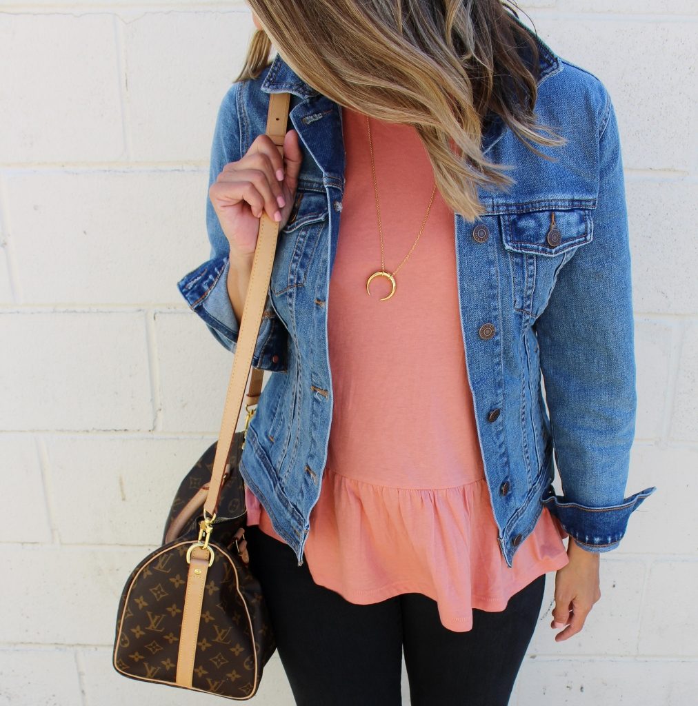 Peplum top, black denim, denim jacket, Converse, and Louis Vuitton bag