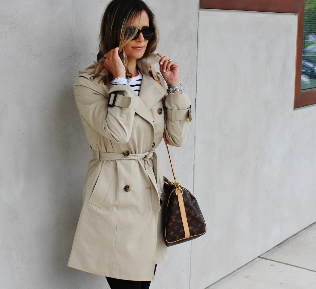 Striped tee, leggings, trench, sneakers, Louis Vuitton bag