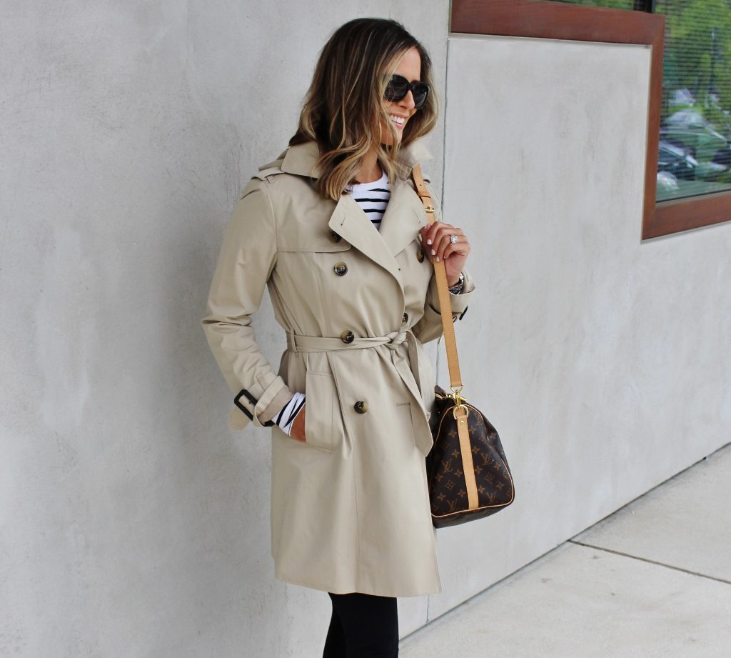 Striped tee, leggings, trench, sneakers, Louis Vuitton bag