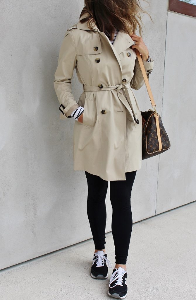 Striped tee, leggings, trench, sneakers, Louis Vuitton bag