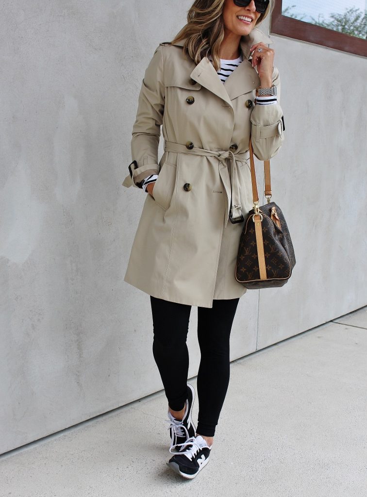 Striped tee, leggings, trench, sneakers, Louis Vuitton bag