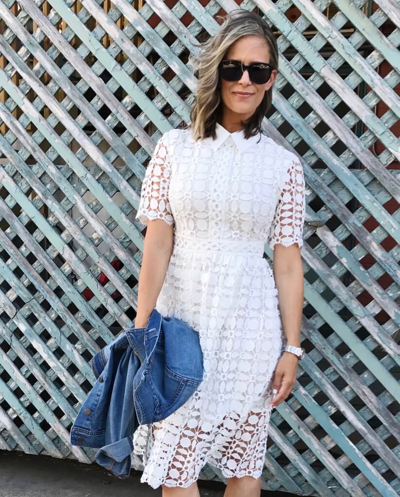 Little white dress, denim jacket Converse