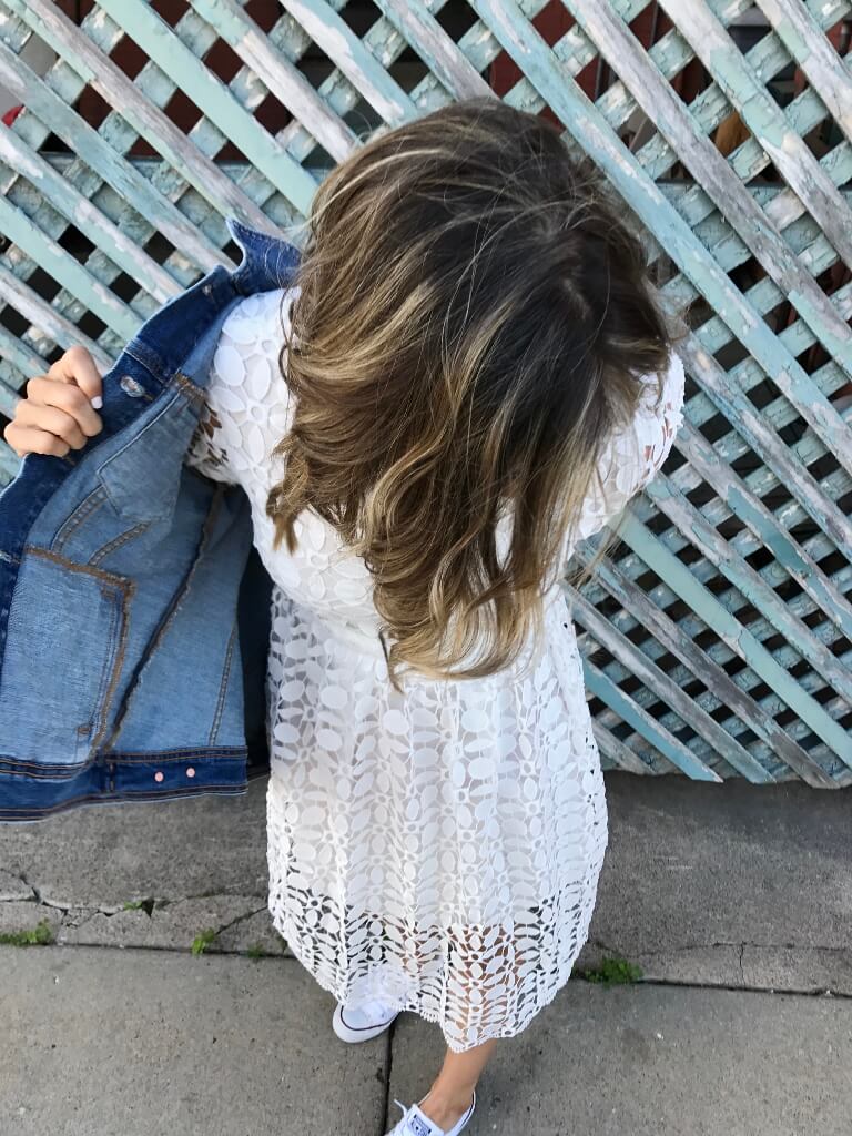 Little white dress, denim jacket Converse