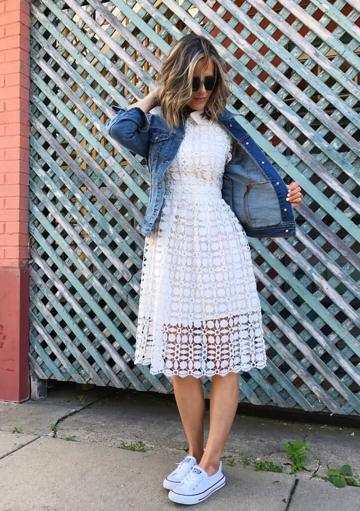 Little white dress, denim jacket Converse
