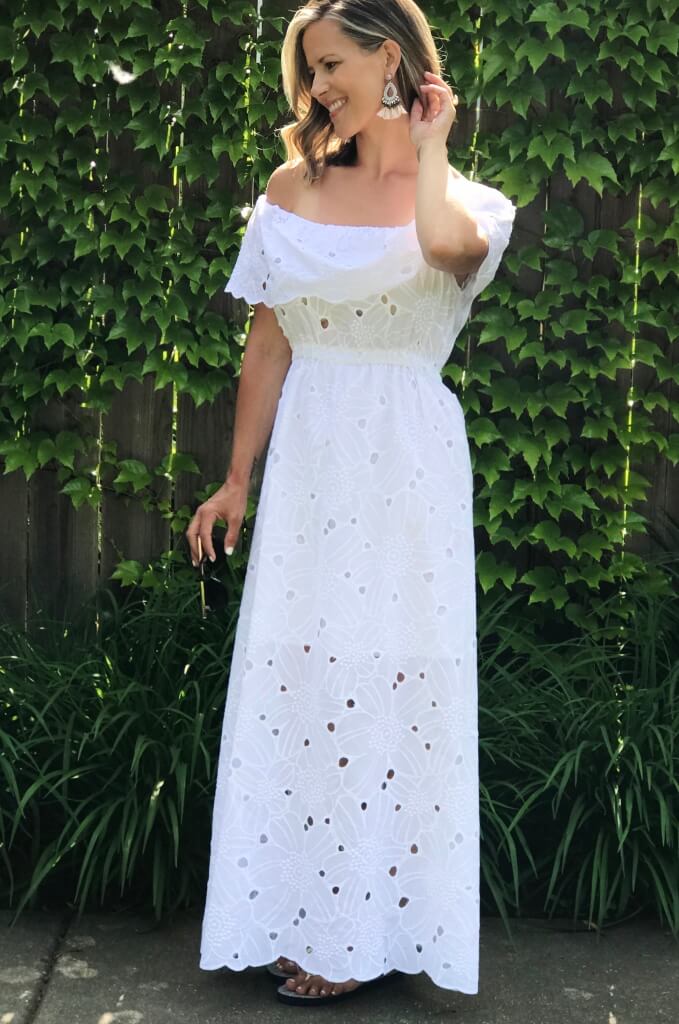 Family pics, white maxi dress for mom and matching blue print dress for the girls