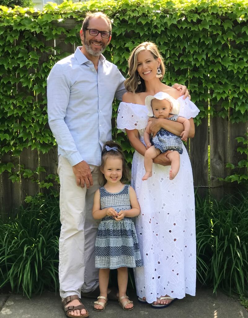 Family pics, white maxi dress for mom and matching blue print dress for the girls