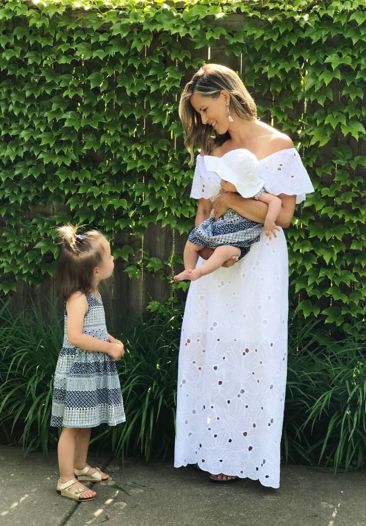 Family pics, white maxi dress for mom and matching blue print dress for the girls