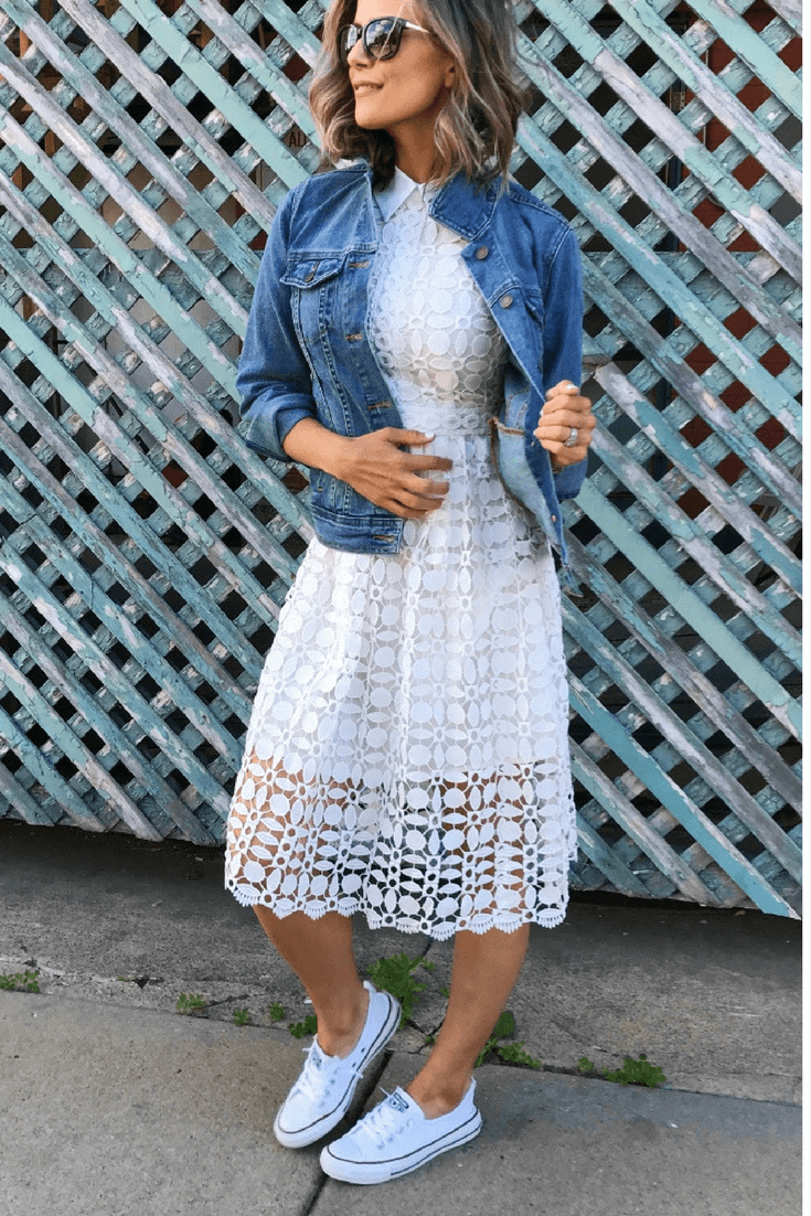 Little white dress, denim jacket Converse